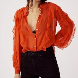 Maeve Anthropologie Orange-Red Ruffle-Trim Sheer Button Blouse